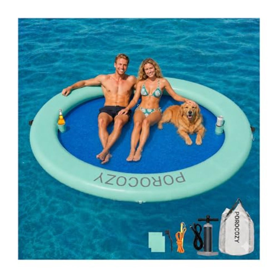 Pool Float Ring Inflatable - インフレータブルウォーターハンモック ラウンドフローティングアイランド 8フィート/10フィート/12フィート ヘビーデューティーPVCブルーフロートリング 湖、プール、ビーチ、川、海用 タンカラー