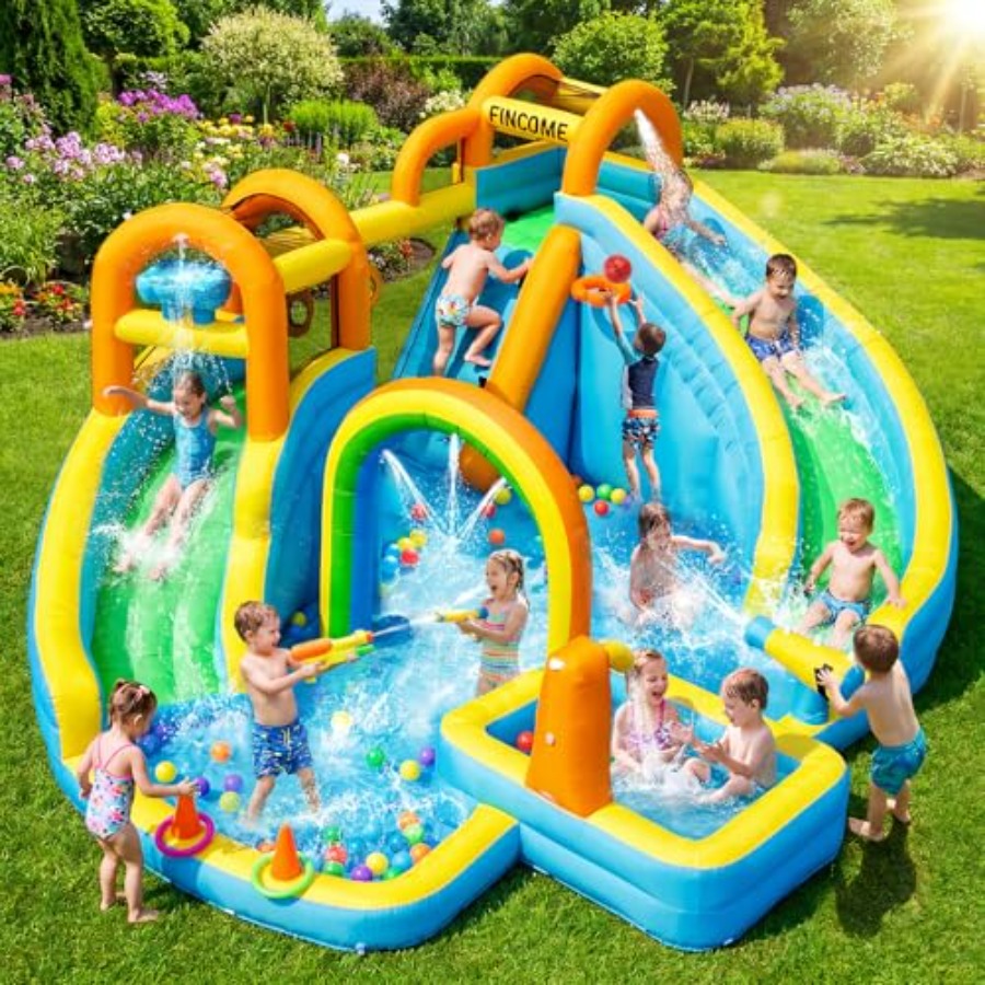 Water Slide Inflatable - 子供用裏庭屋外インフレータブルウォータースライドパーク：PVC素材、青と黄色、スプラッシュプール付きデュアルスライド、バスケットボール付き