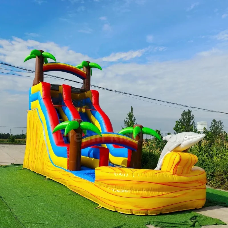 Water Slide Inflatable - 巨大なトロピカルイルカをテーマにしたインフレータブルウォータースライド、着水プール付き、業務用ヘビーデューティーウォータースライド、屋外パーティー用