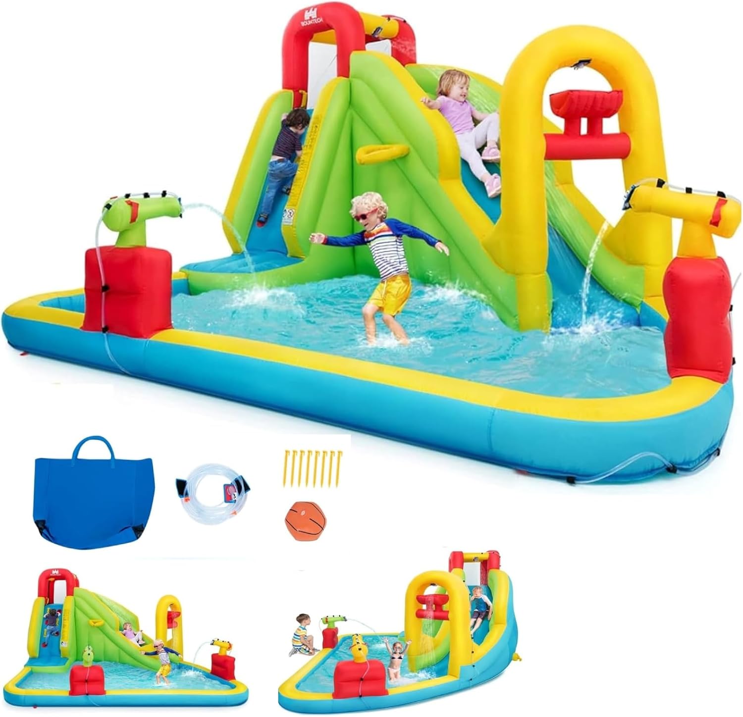Water Slide Inflatable - 巨大なインフレータブルウォーターパーク遊具 - 子供用ブロウアップウォータースライド、スプラッシュプール、水遊び場、クライミングウォール付き、屋外裏庭ファミリーファンパーティー用ギフト（5歳～12歳対象）