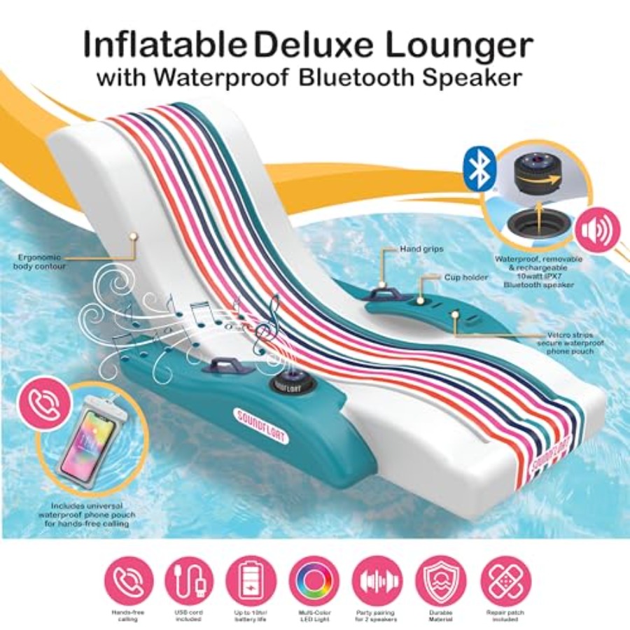 Bluetooth IPX7防水スピーカーとカップホルダー付 - Pool Lounger Inflatable のレビューと価格