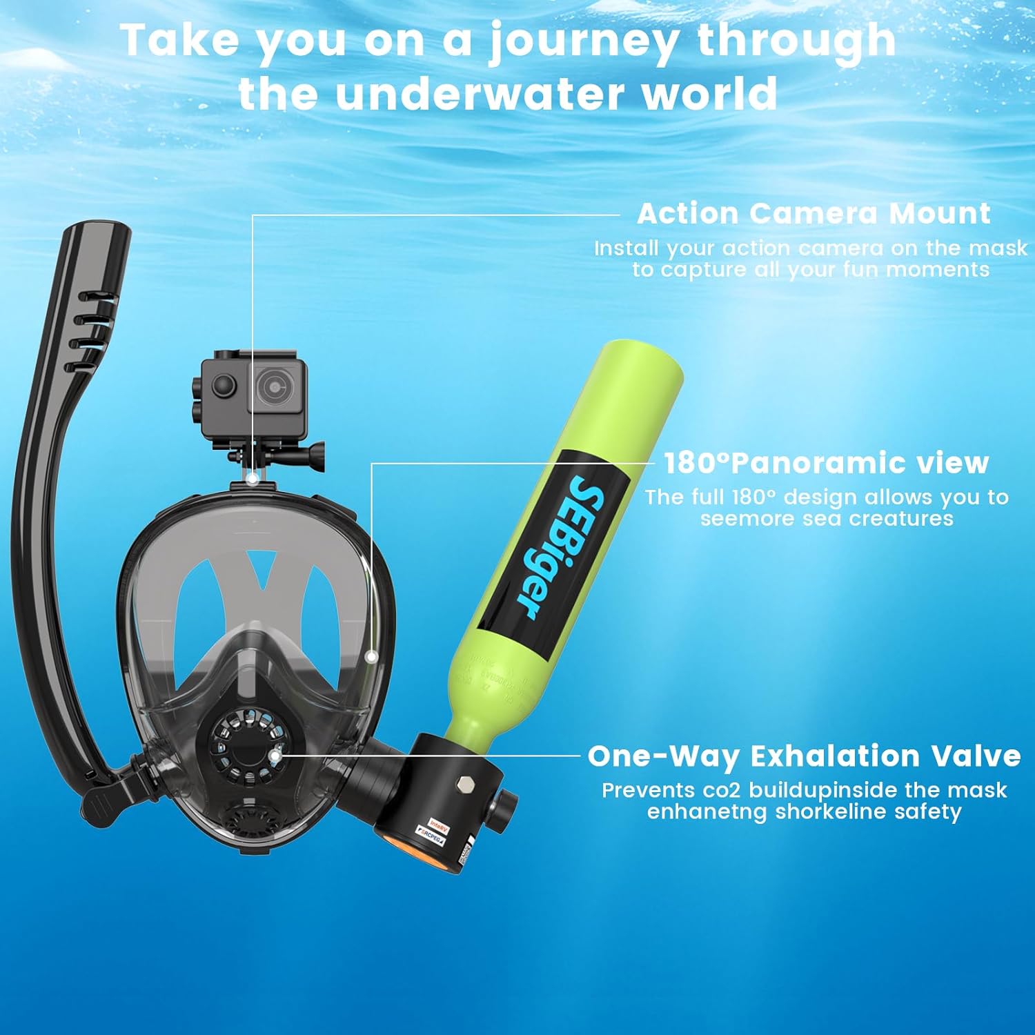ミニスキューバタンク0.5L、フルフェイスシュノーケルマスク - Snorkel Mask Full Face のレビューと価格